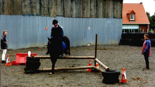 Catherine, � droite de la photo et moi, � gauche, en pleine reprise d'obstacle.